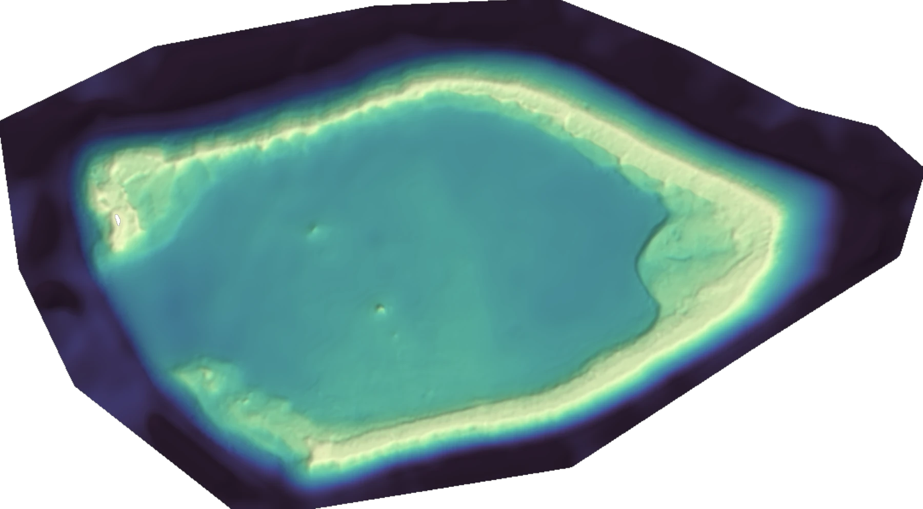 Satellite-derived bathymetry of a clear Bahamas lagoon showing intricate shallow channels and sand banks in turquoise grading to deep blue