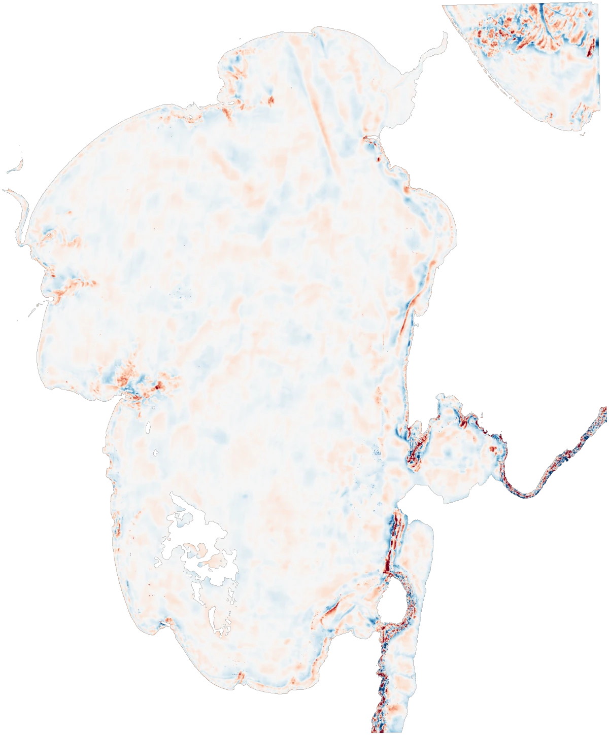 Difference map between Geopera satellite bathymetry and airborne LiDAR at Jervis Bay, mostly neutral green across the shallow bay indicating agreement within about a metre