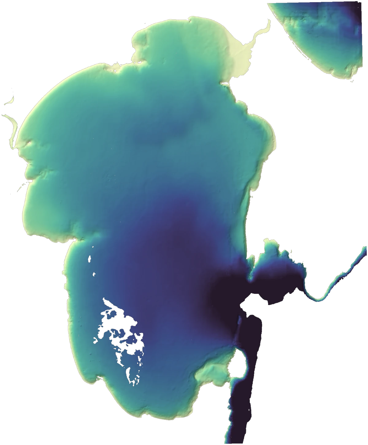 Geopera satellite-derived bathymetry of Jervis Bay, a coloured seabed depth surface grading from shallow turquoise to deep indigo