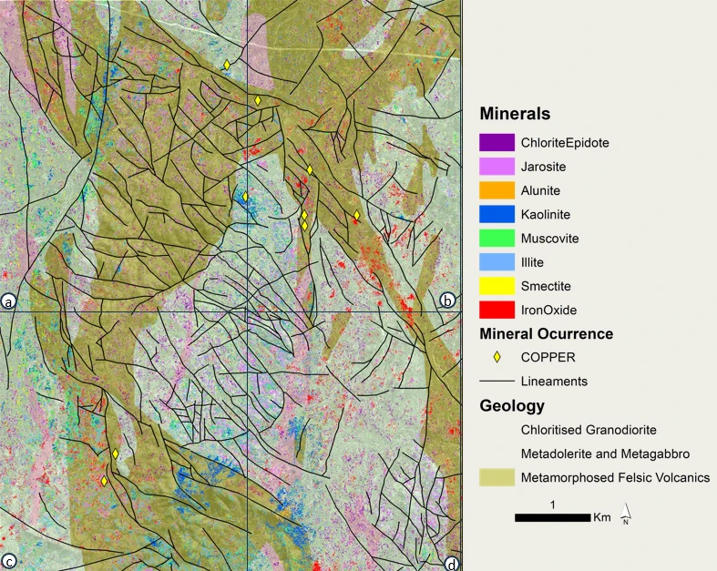 WorldView-3 SWIR imagery showing mapped alteration zones and structural lineaments