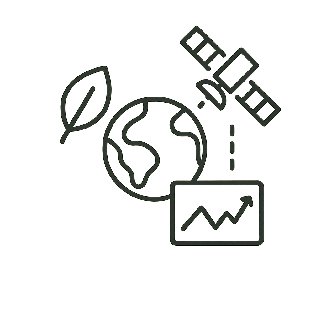 Line drawing of a satellite downlinking to a globe, with a leaf and a rising trend line alongside