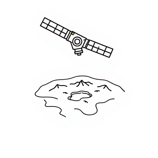 Line drawing of a satellite passing over hilly terrain with rivers and a lake