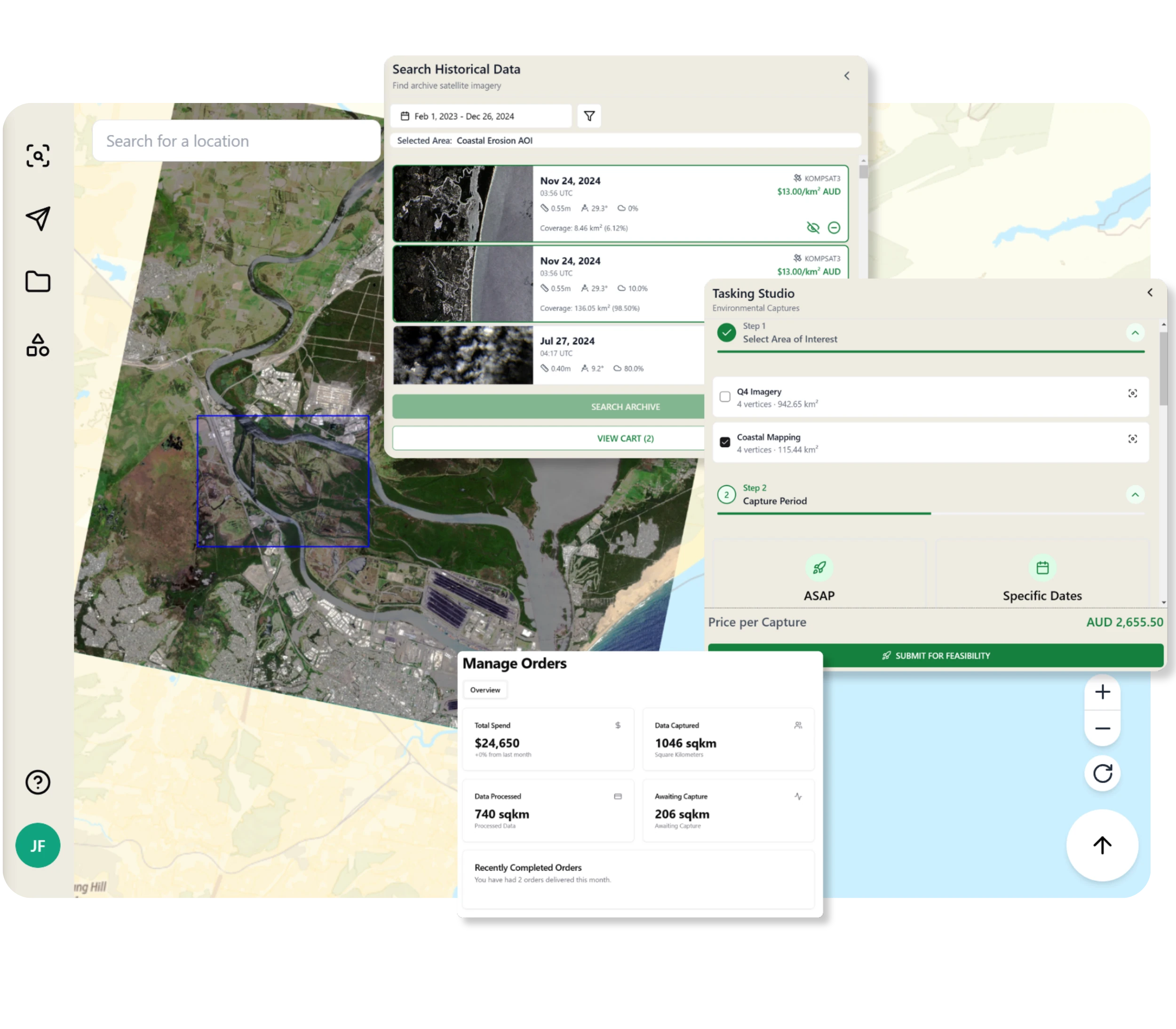 Archive search results, the Tasking Studio with a price per capture, and the order overview open over a satellite basemap in Pera Portal.