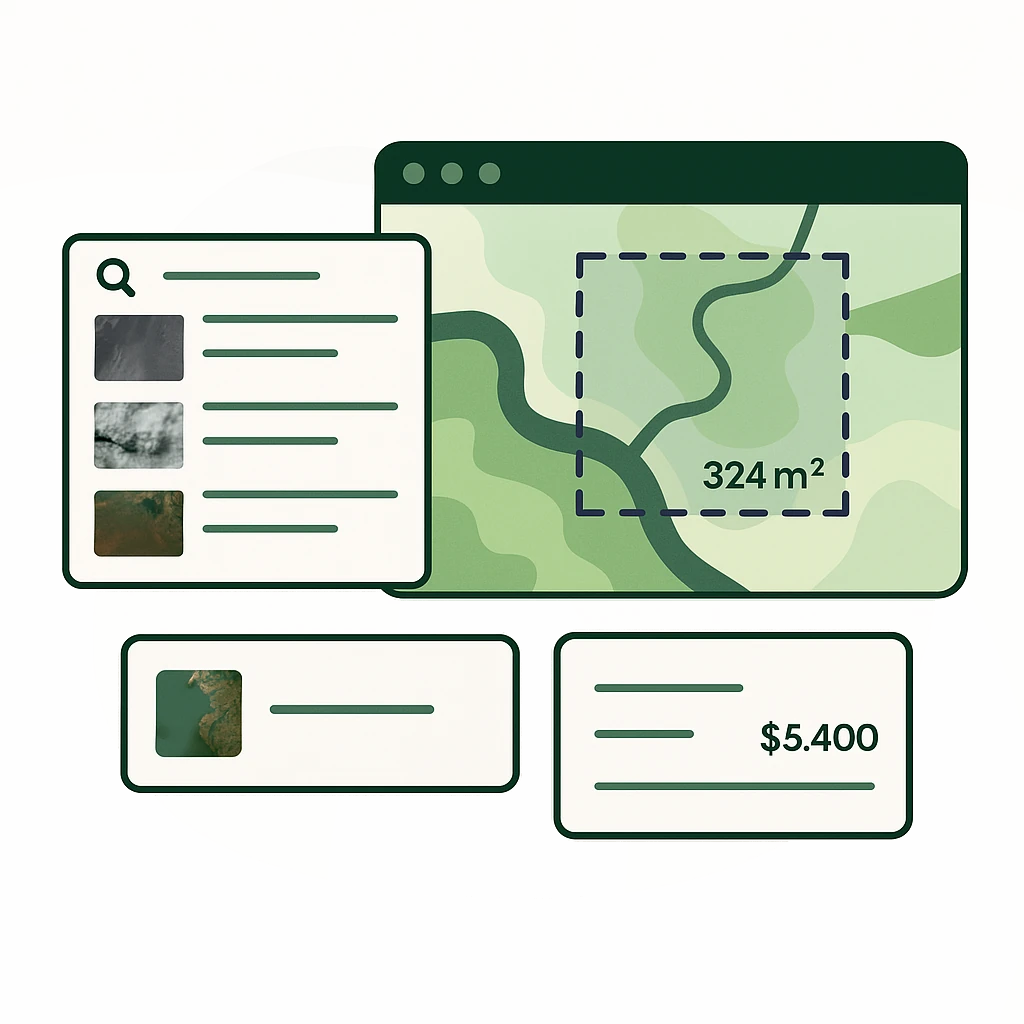 Archive imagery search results beside a map with a drawn area of interest and its price